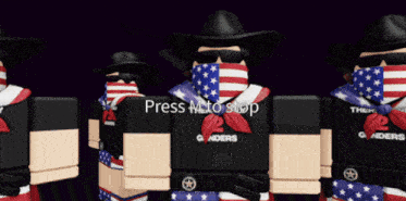 a group of cowboys are standing next to each other with the words press m to stop visible