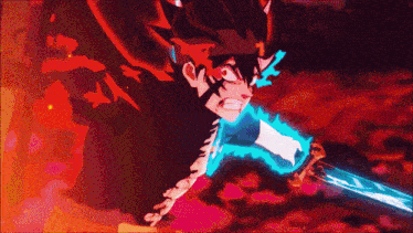 a cartoon character is holding a sword in a red and blue background