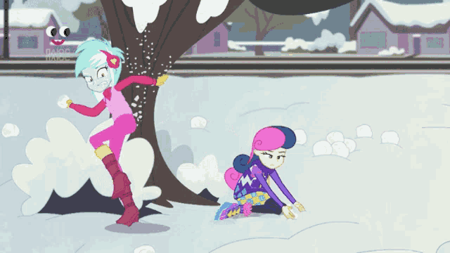 a cartoon of two girls playing in the snow with a tree behind them