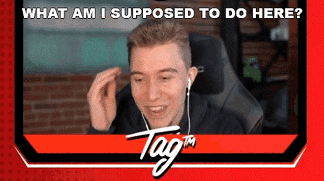 a man wearing ear buds is sitting in a chair with the words what am i supposed to do