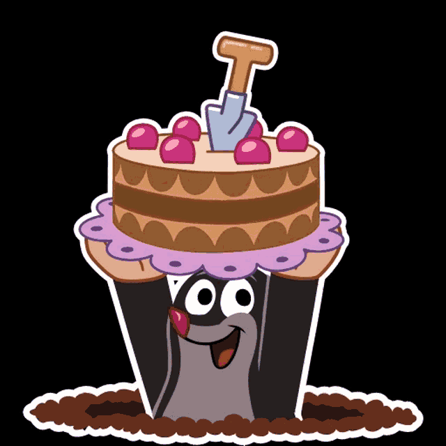 a cartoon drawing of a mole with a cake on his head