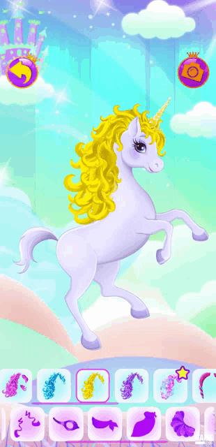 a unicorn with a yellow mane is standing on its hind legs in a game