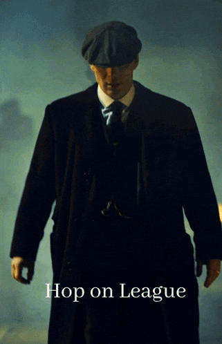 a poster for hop on league shows a man in a suit and hat walking