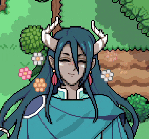 a pixel art drawing of a woman with horns and flowers in her hair