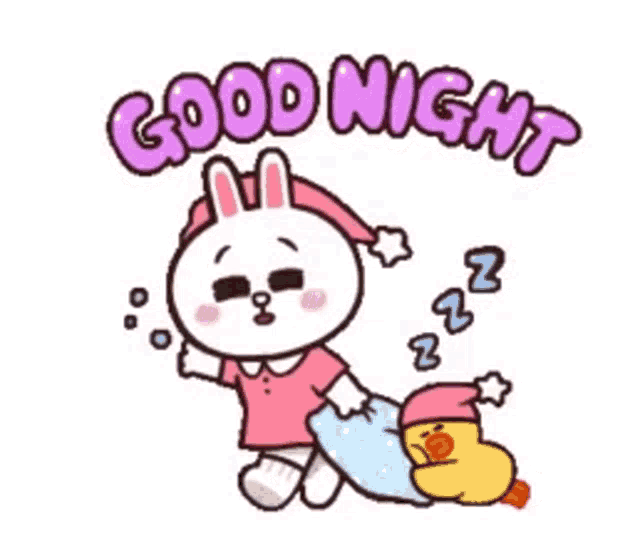 a cartoon rabbit is holding a pillow and a duck is sleeping next to it .