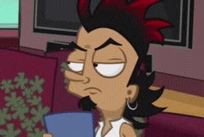a cartoon character with a mohawk is holding a blue object