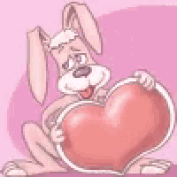 a cartoon rabbit is holding a large pink heart in its paws .