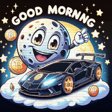 a cartoon illustration of a car and a moon with the words " good morning " above it