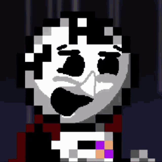 a pixel art of a skeleton with a purple badge on his chest