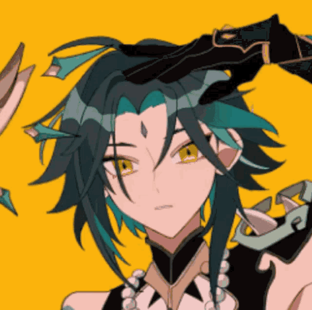 a drawing of a girl with green hair and yellow eyes .