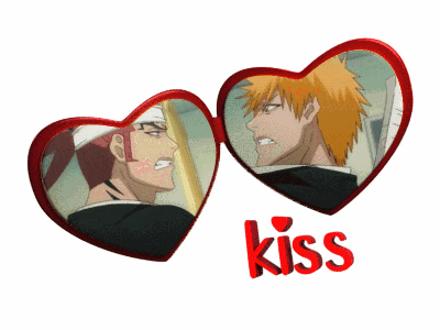 two hearts with a picture of two anime characters and the word kiss below them