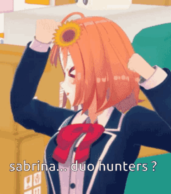 a girl in a school uniform has a sunflower in her hair and the words sabrina duo hunters