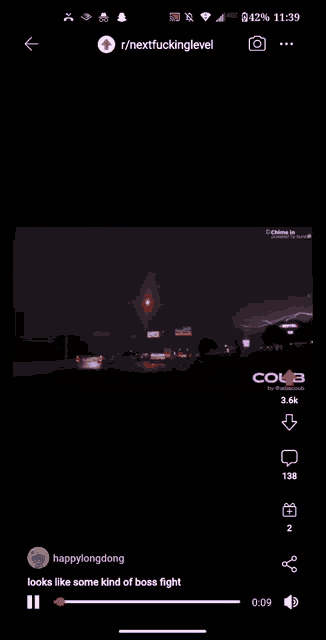 a phone screen shows a lightning strike over a highway and the time is 11:39