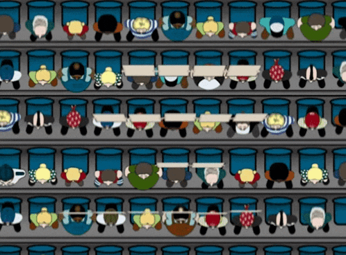 a bunch of people are sitting on a shelf looking down at something