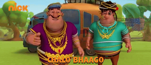 two cartoon characters standing next to each other with the words chalo bhaago on the bottom right