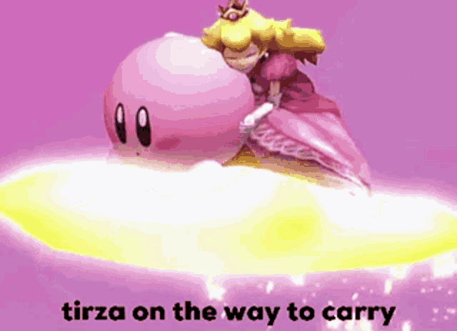 a picture of princess peach riding on the back of kirby