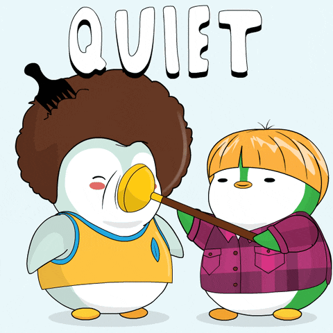 a cartoon of two penguins with the word quiet on the top