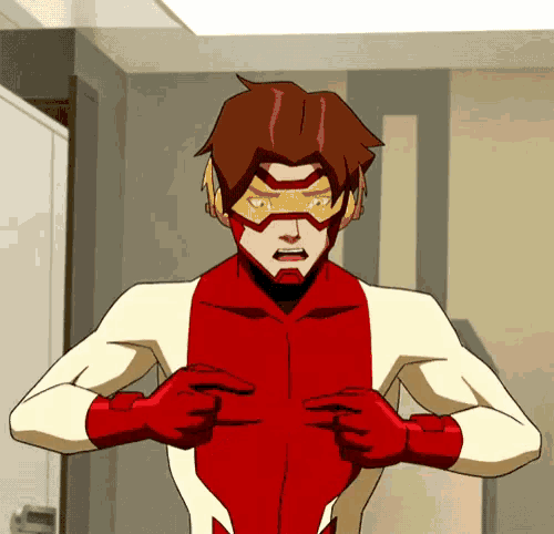a cartoon character in a red and white suit is pointing at himself