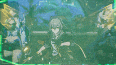 a girl with long blue hair is holding a sword and shield in a video game .