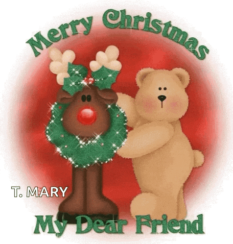 a teddy bear is hugging a reindeer with a christmas wreath on its head .