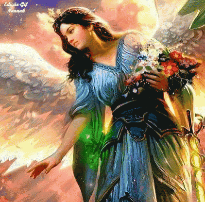 a painting of a woman with wings holding a bouquet of flowers .