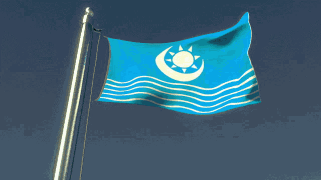 a blue flag with a sun and crescent moon on it