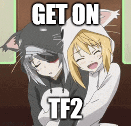 two anime girls are hugging each other with the words get on tf2 on the bottom