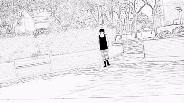 a black and white drawing of a person standing in front of a bench