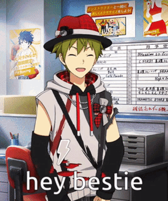a cartoon character says hey bestie while standing in front of a bulletin board
