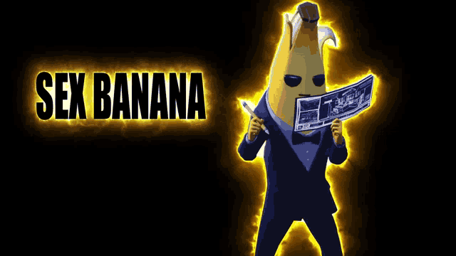 a banana in a suit and bow tie is holding a newspaper and a pen and the words sex banana are behind him