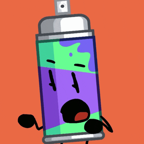 a cartoon drawing of a spray can with a surprised look on its face