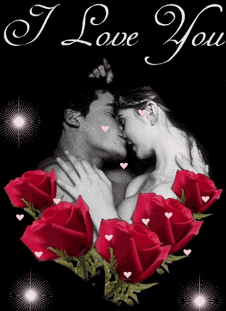 a black and white photo of a man and woman kissing surrounded by red roses with the words i love you above them