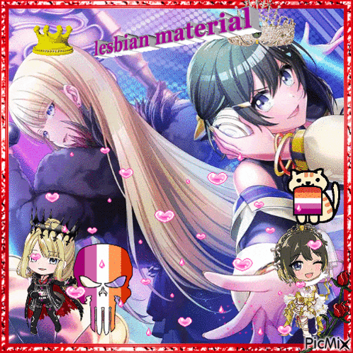 a picture of two anime girls with the words lesbian material written on it