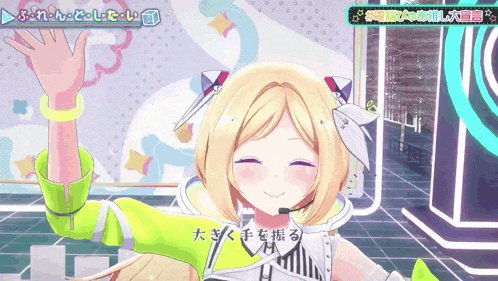 a yellow haired anime girl with a microphone on her neck is smiling