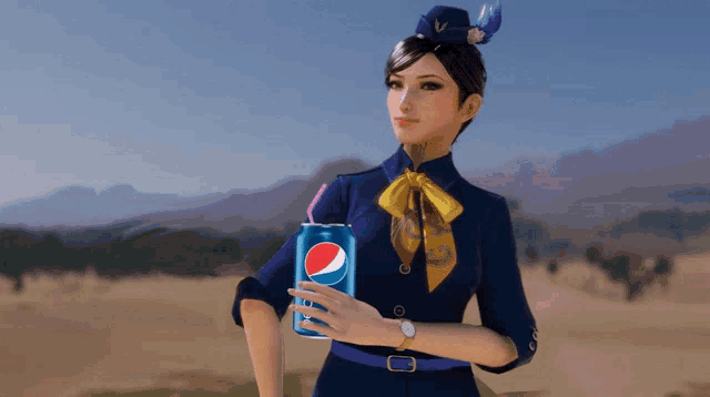 a stewardess is holding a can of pepsi