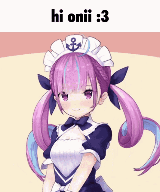 a picture of a girl with purple hair and the words hi onii : 3
