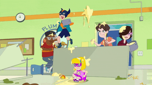 a group of cartoon characters are standing around a wall with a clock on the wall above them