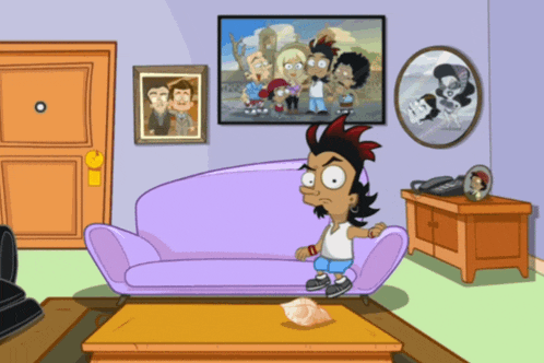 a cartoon of a boy standing next to a couch