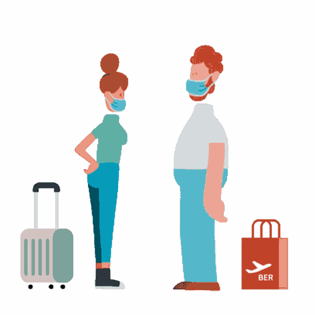 a man and a woman wearing face masks standing next to a suitcase and a bag that says ber