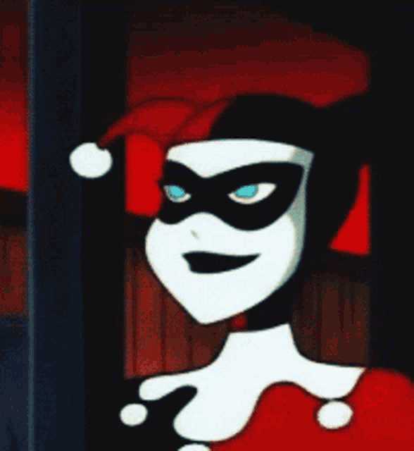 a harley quinn cartoon character with blue eyes and a red hat