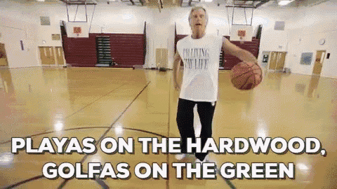 a man holding a basketball on a court with the words " playas on the hardwood golfas on the green "