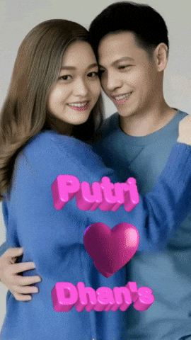 a man and a woman hugging with the words putri dhan 's in pink letters