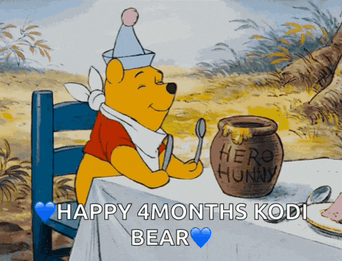a cartoon of winnie the pooh sitting at a table with a pot of honey