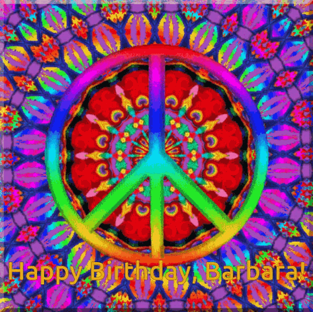 a peace sign on a colorful background with the words happy birthday barbara