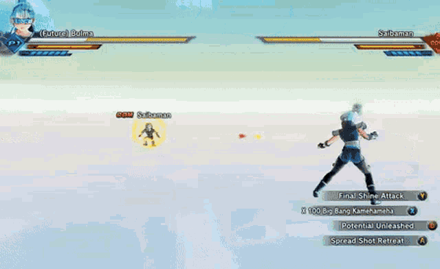 a screenshot of a video game showing future bulma and sailaban fighting each other