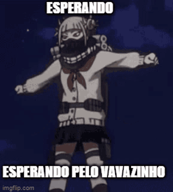 a girl in a school uniform is standing with her arms outstretched and a meme that says esperando esperando pelo vavazinho