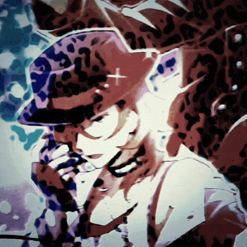 a painting of a woman with a leopard print hat