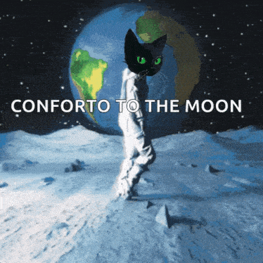 a black cat with green eyes is walking on the moon with the words conforto to the moon below it