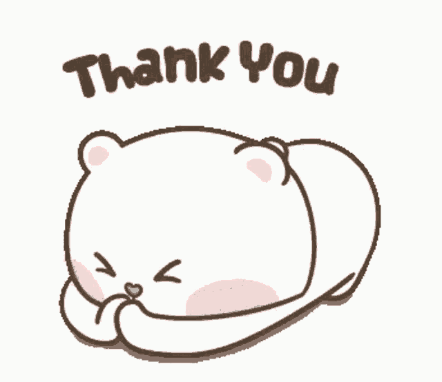 a cartoon bear is laying down with its paws folded and saying `` thank you '' .