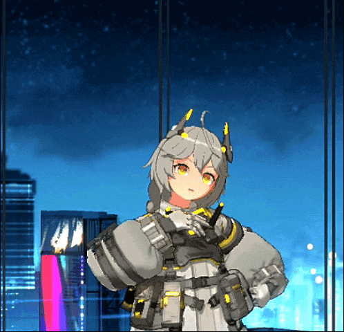 a girl with horns is standing in front of a city